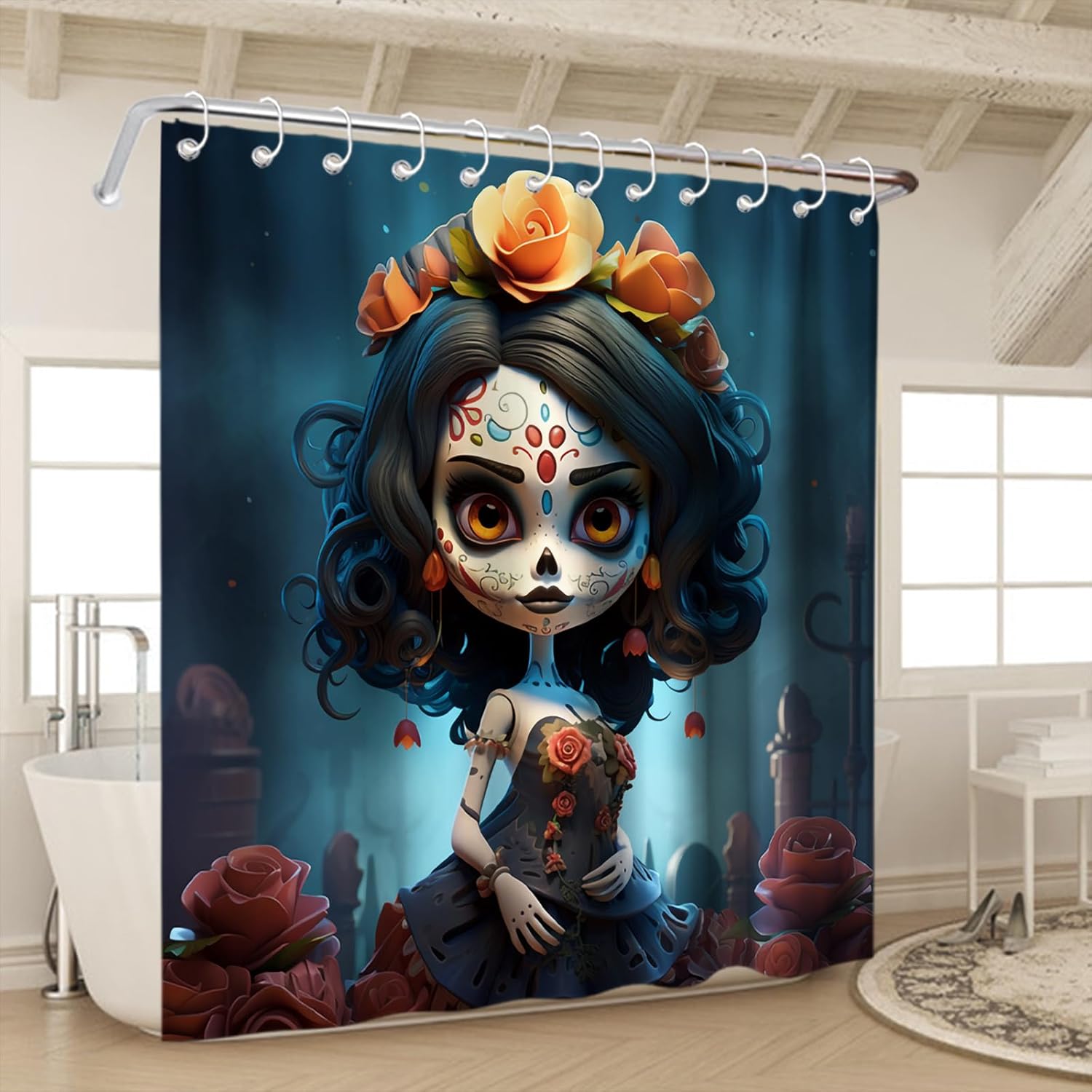 Zombie Girl Halloween Skull Shower Curtain Set