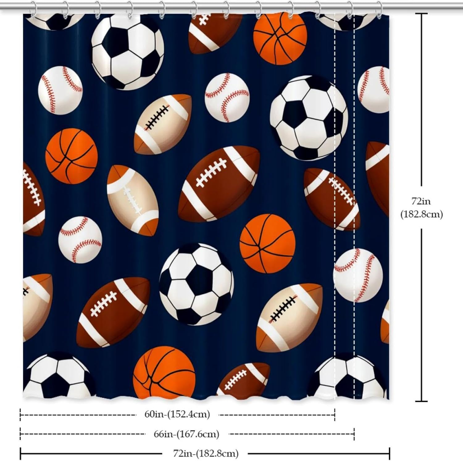 VAPOKF Basketball Baseball Rugby Football Shower Curtain Set 60x72 inches Waterproof Durable