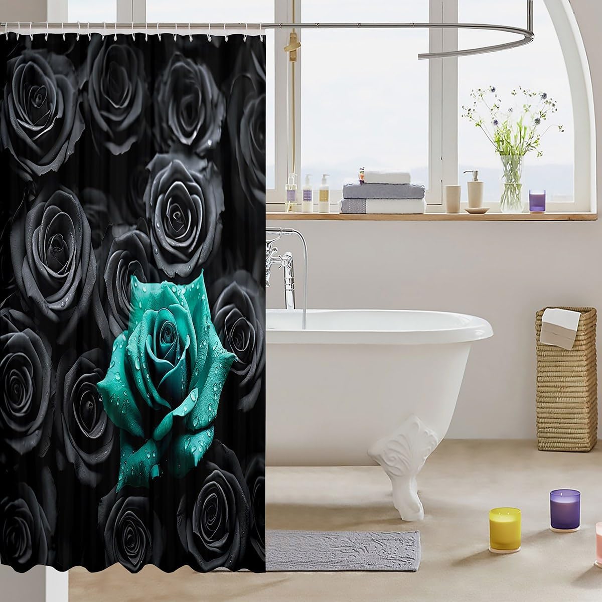 Erosebridal Black and Teal 3D Rose Shower Curtain Set