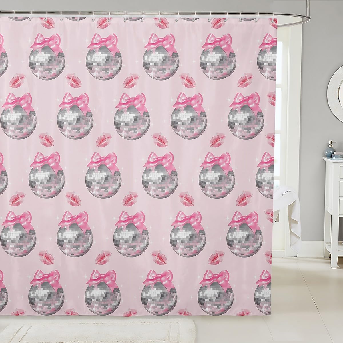 Feelyou Pink Bow Bath Curtain Set 72x72 Disco Mirror