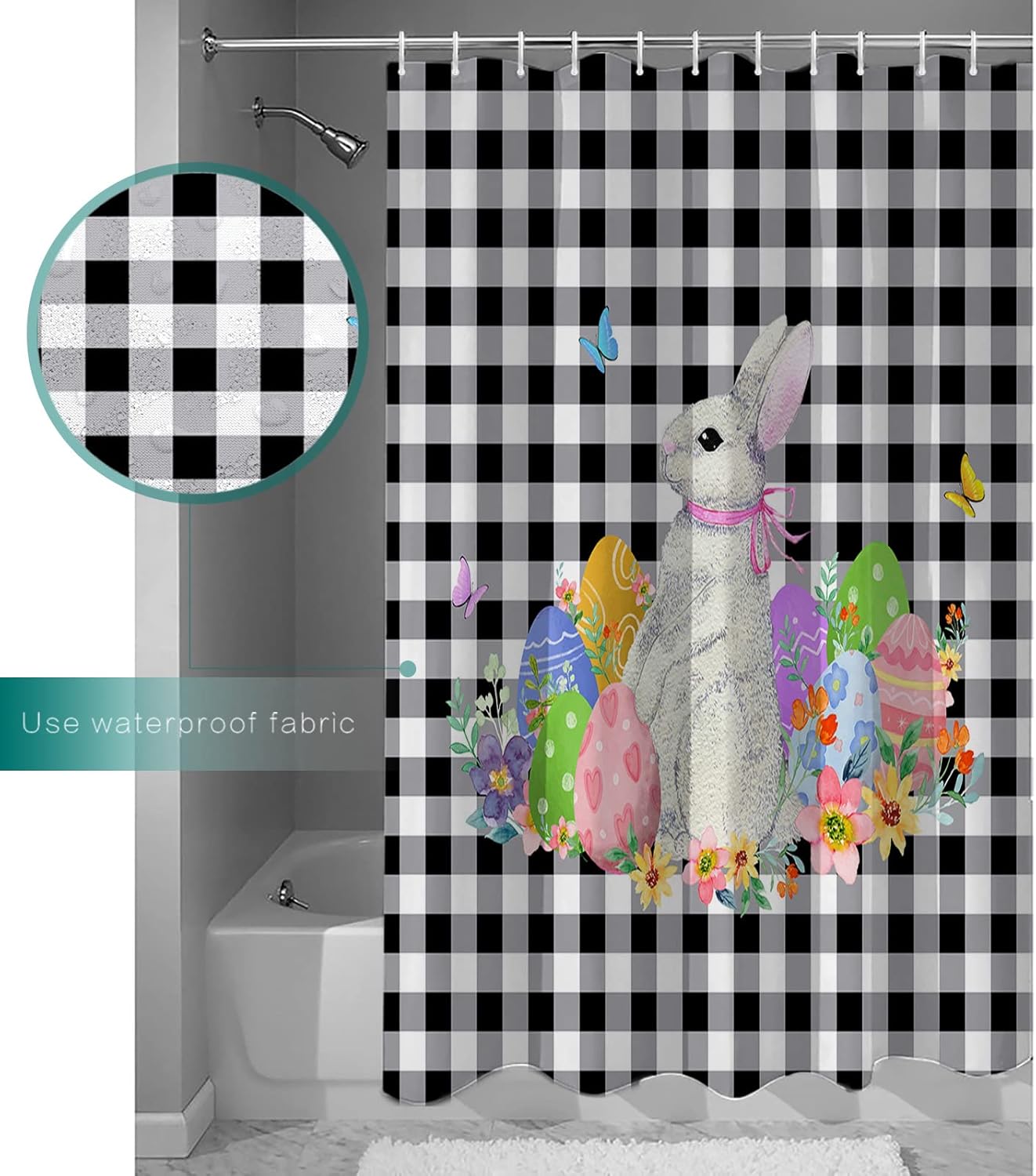 Waterproof Bath Curtain Cute Rabbit Design Machine Washable 66x72