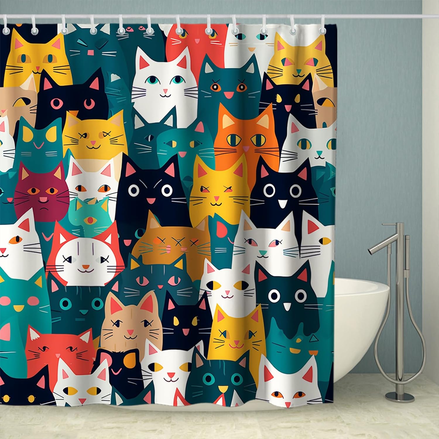 Funny Cat Shower Curtain Rustic Modern Kids Bathroom Decor Set
