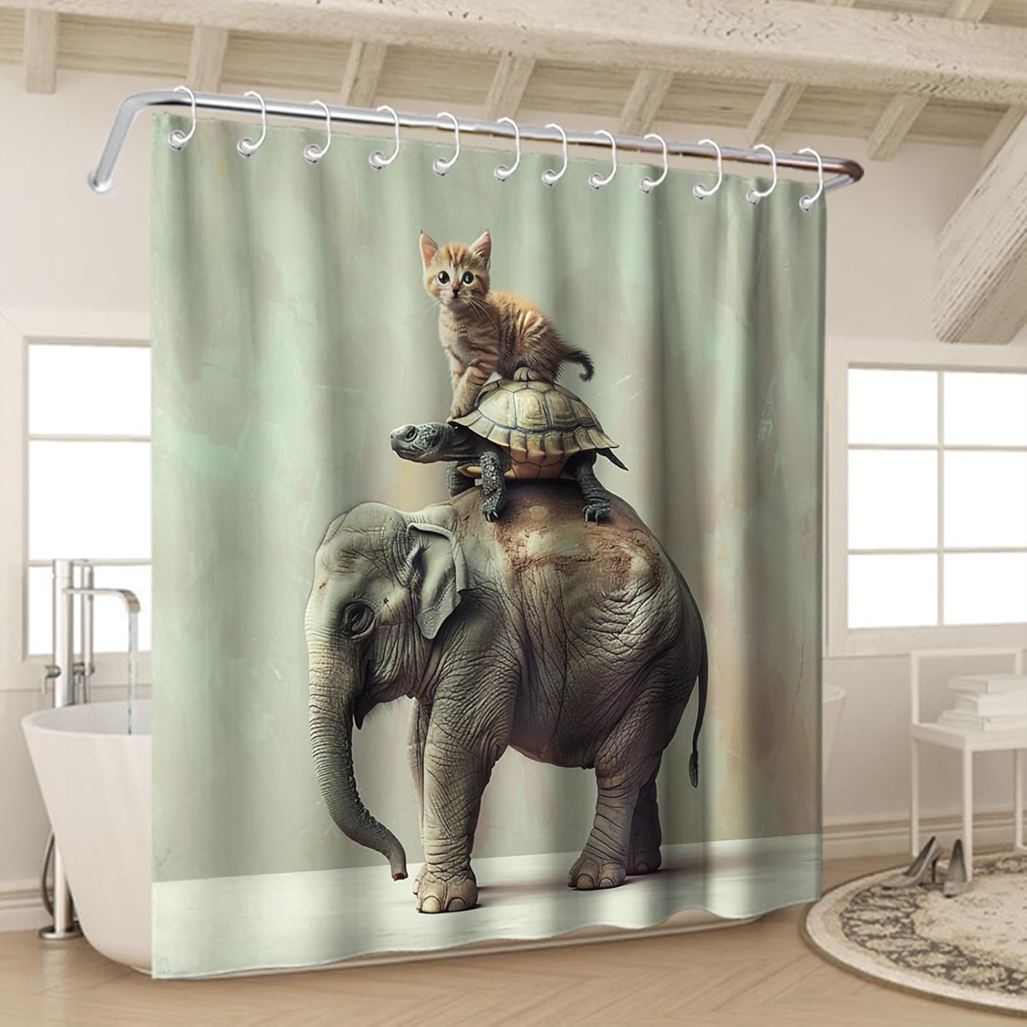 OTRANTO Cute Grey Elephant Turtle Cat Family Shower Curtain Set
