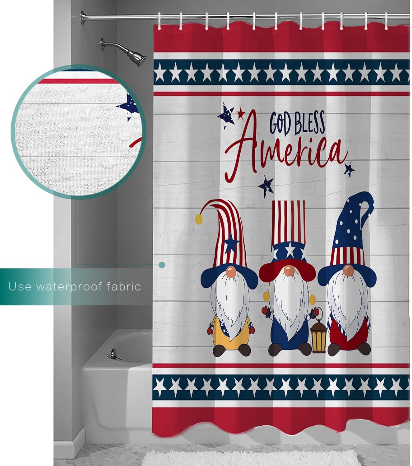 Waterproof Shower Curtain with Hooks and Patriotic Stars Design