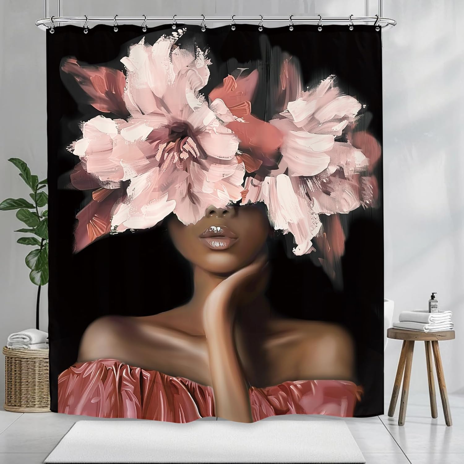 African American Shower Curtain Set with 12 Hooks
