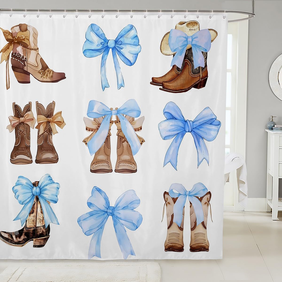 Feelyou Bowknot Shower Curtain Set 72x72 Western Decor Pale Blue