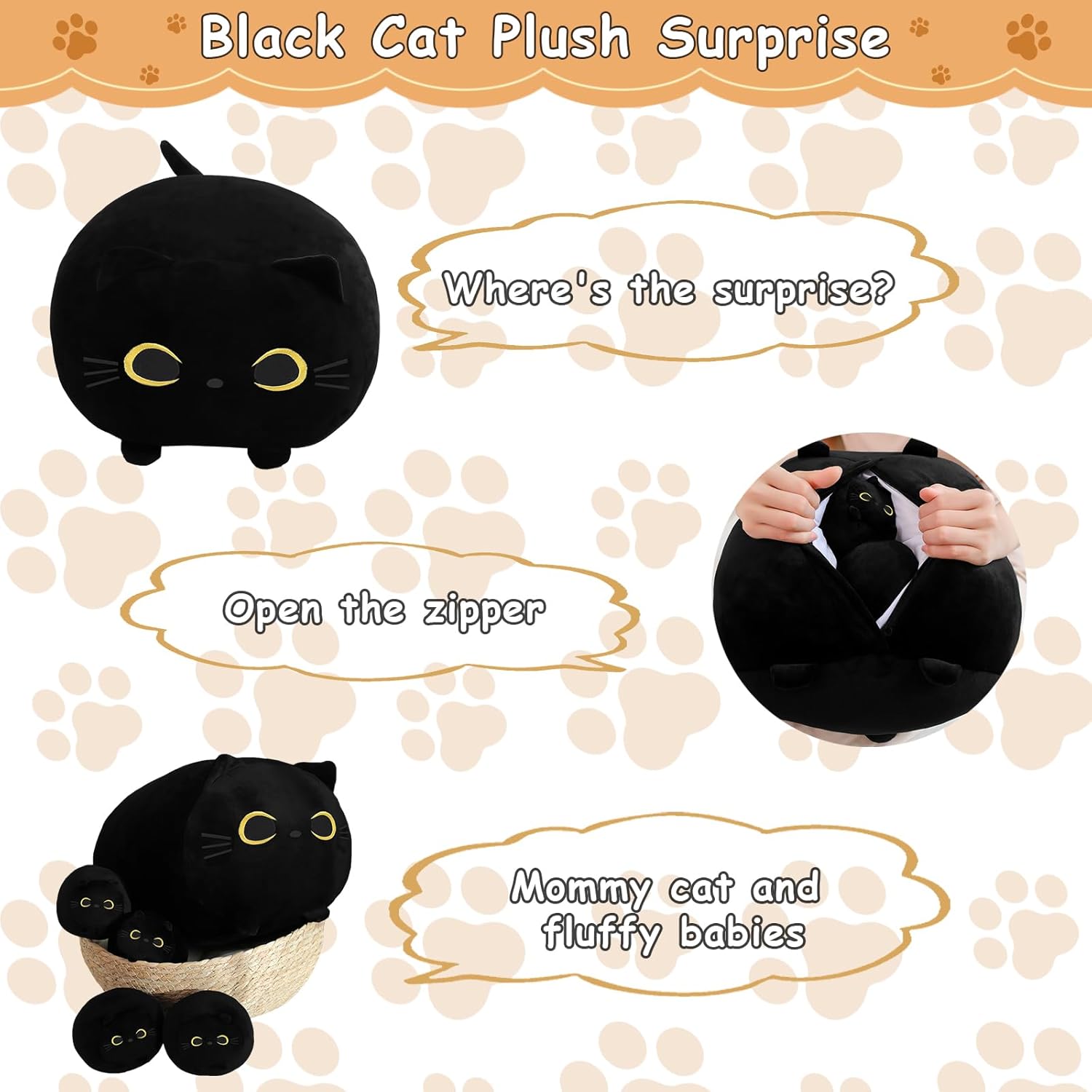 Black Cat Stuffed Animal with Four Squishy Babies
