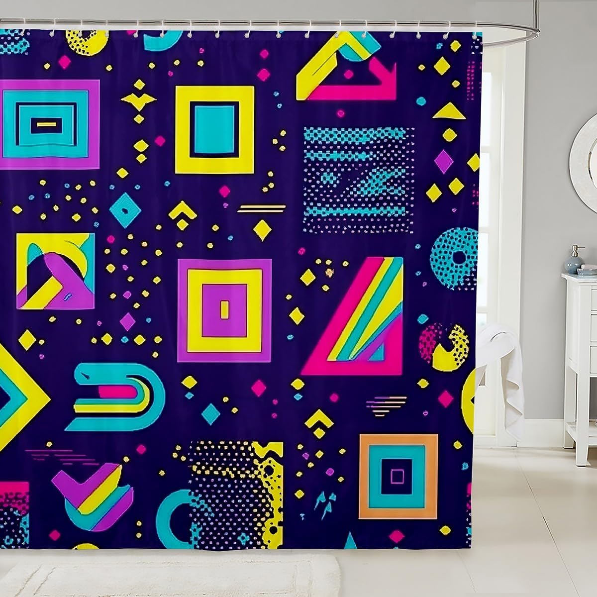 Retro 80s Shower Curtain with Geometric Pattern