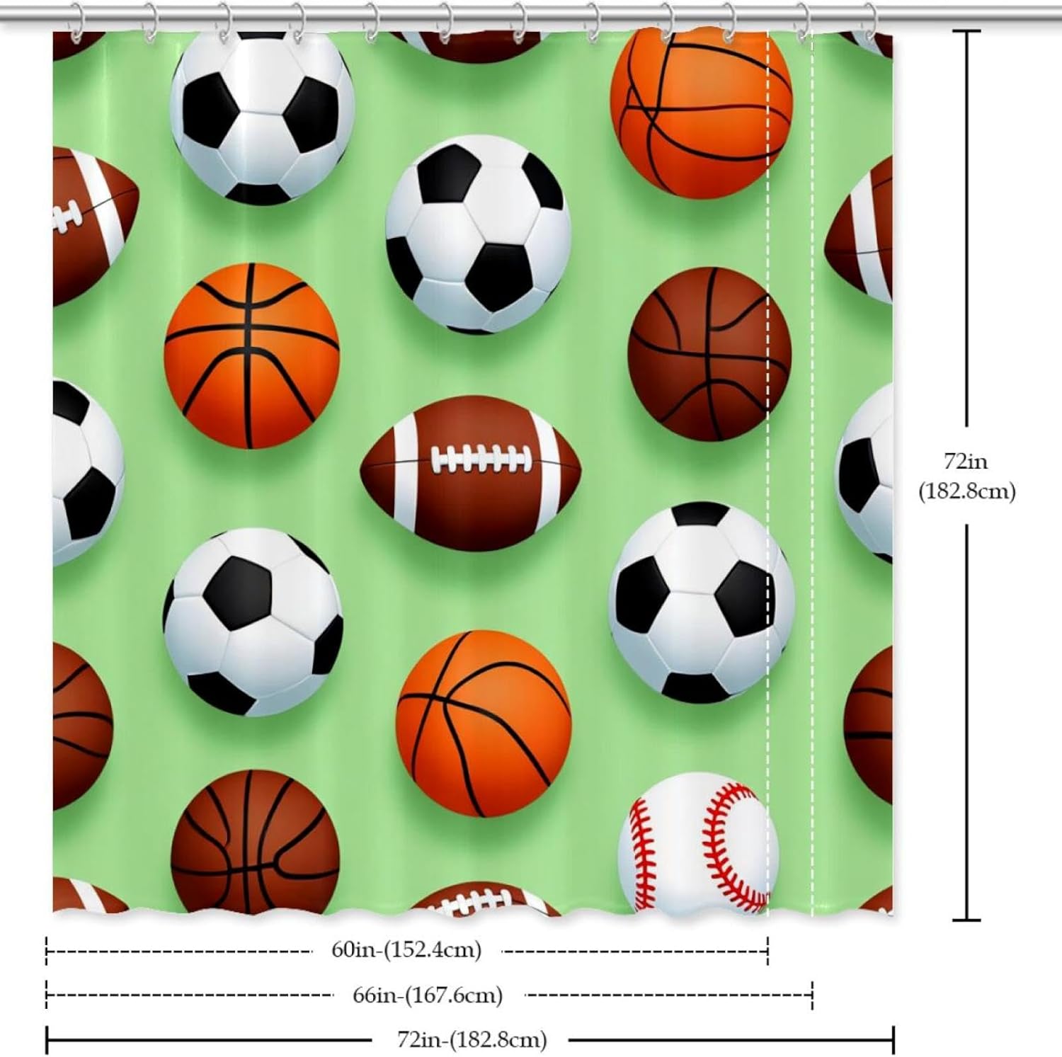 Baseball Rugby Football Bath Curtain Set Waterproof 66x72 inches