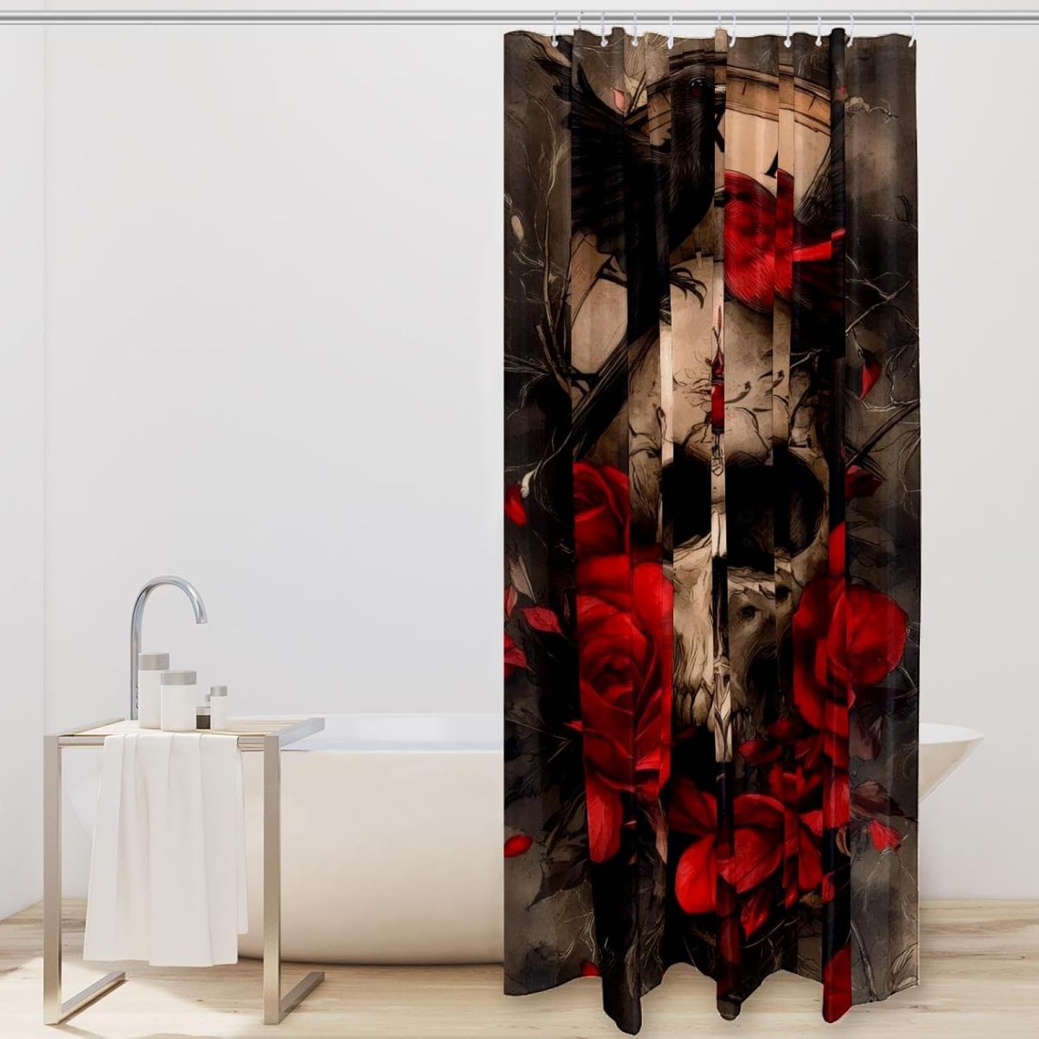 Bird Skull Vintage Clock Roses Shower Curtain