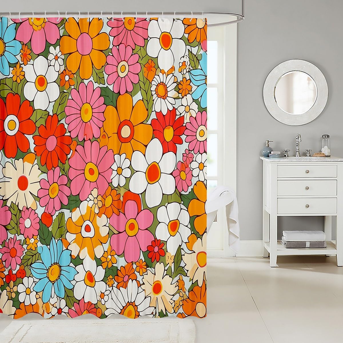 Groovy Bohemian Flora 70s Bathroom Shower Curtain Set
