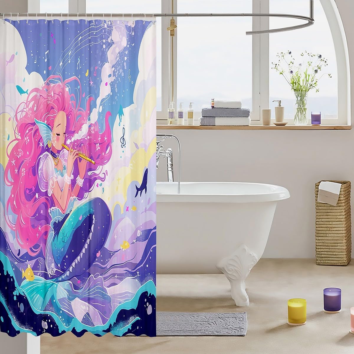 Mermaid Girl Shower Curtain Set with Musical Design 1