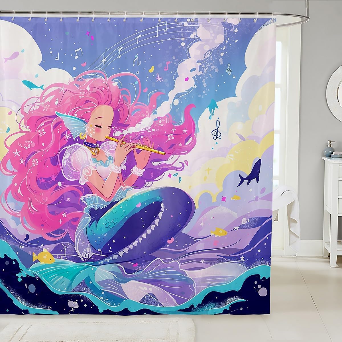 Mermaid Girl Shower Curtain Set with Musical Design 1