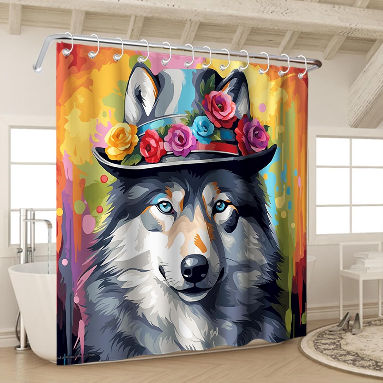 Spotlight - Cute Wolf Floral Bathroom Shower Curtain Set