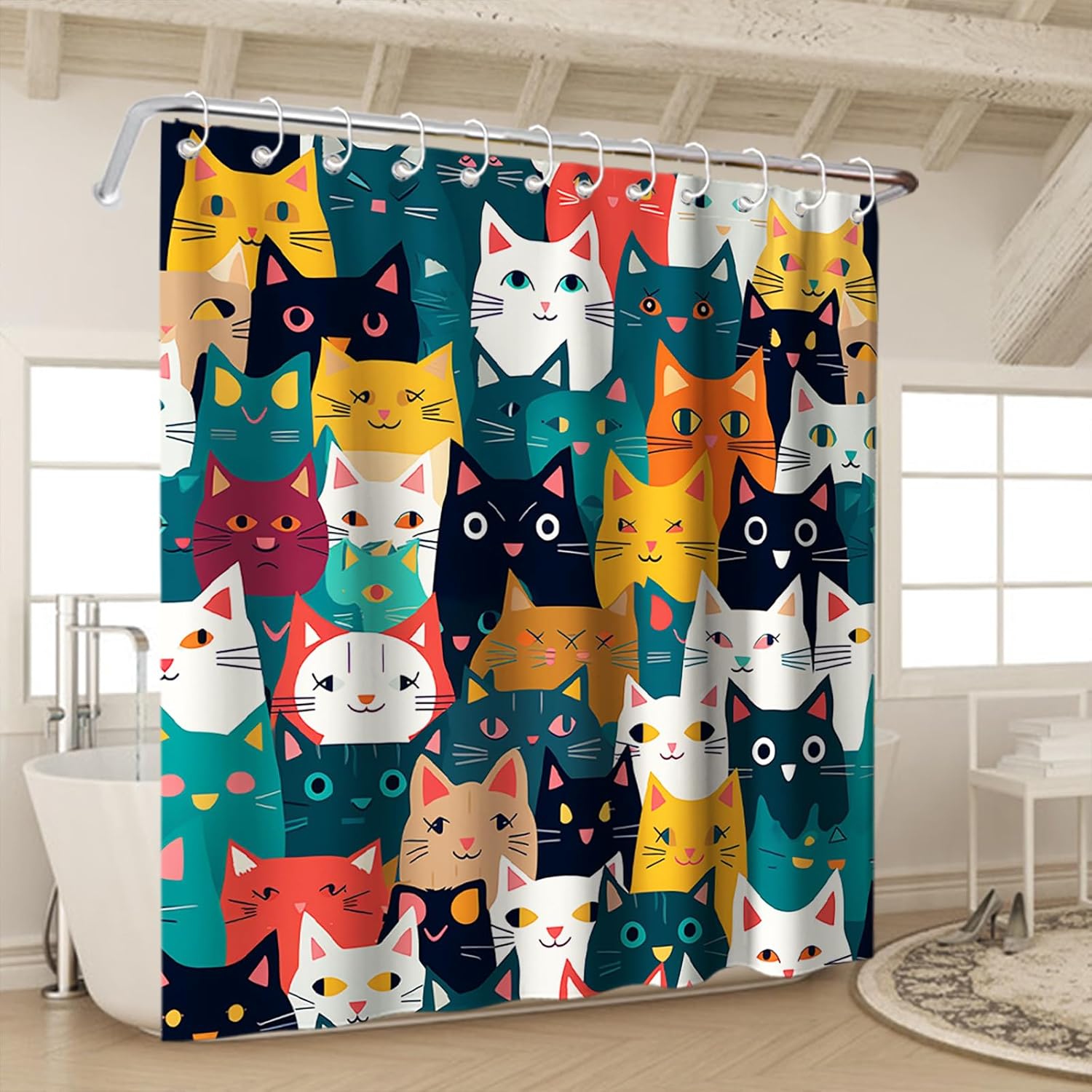 Funny Cat Shower Curtain Rustic Modern Kids Bathroom Decor Set