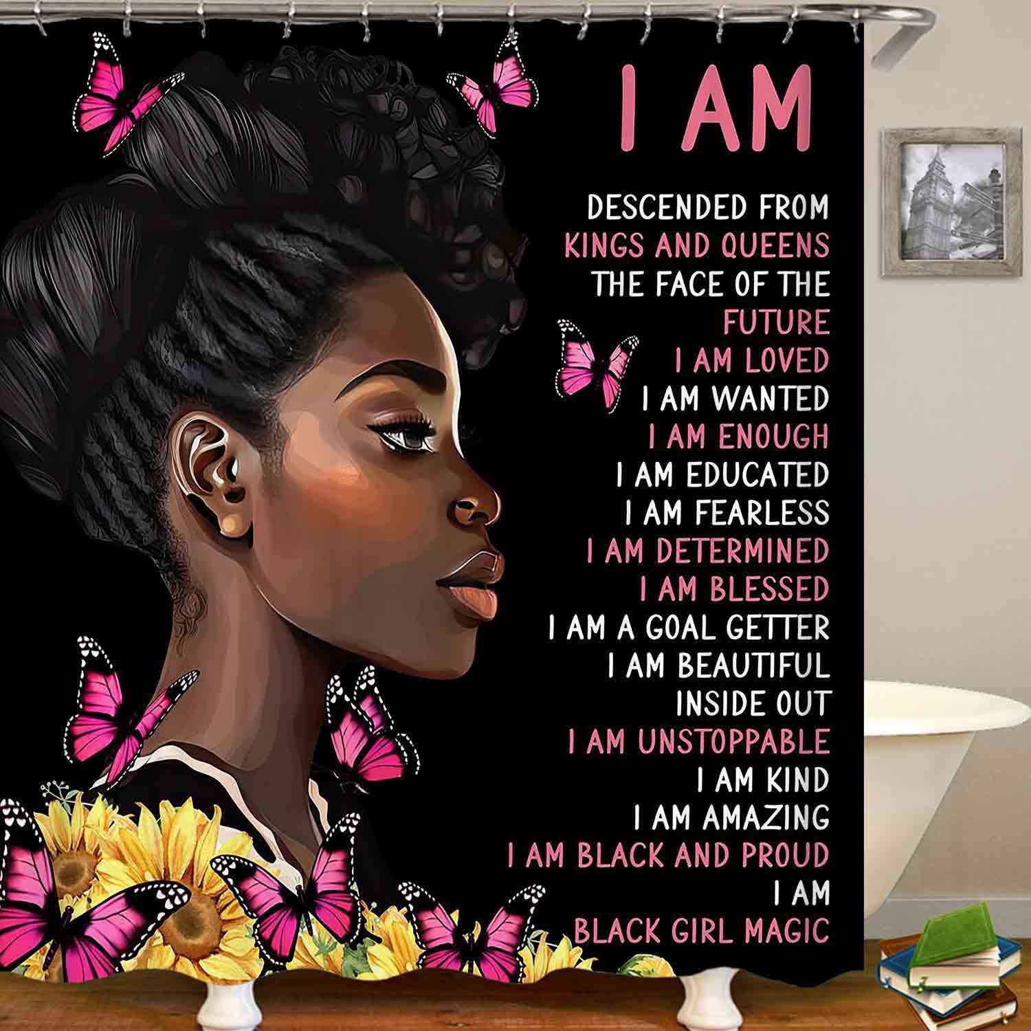 4PCS Black Girl Shower Curtain Set with Rugs Quotes