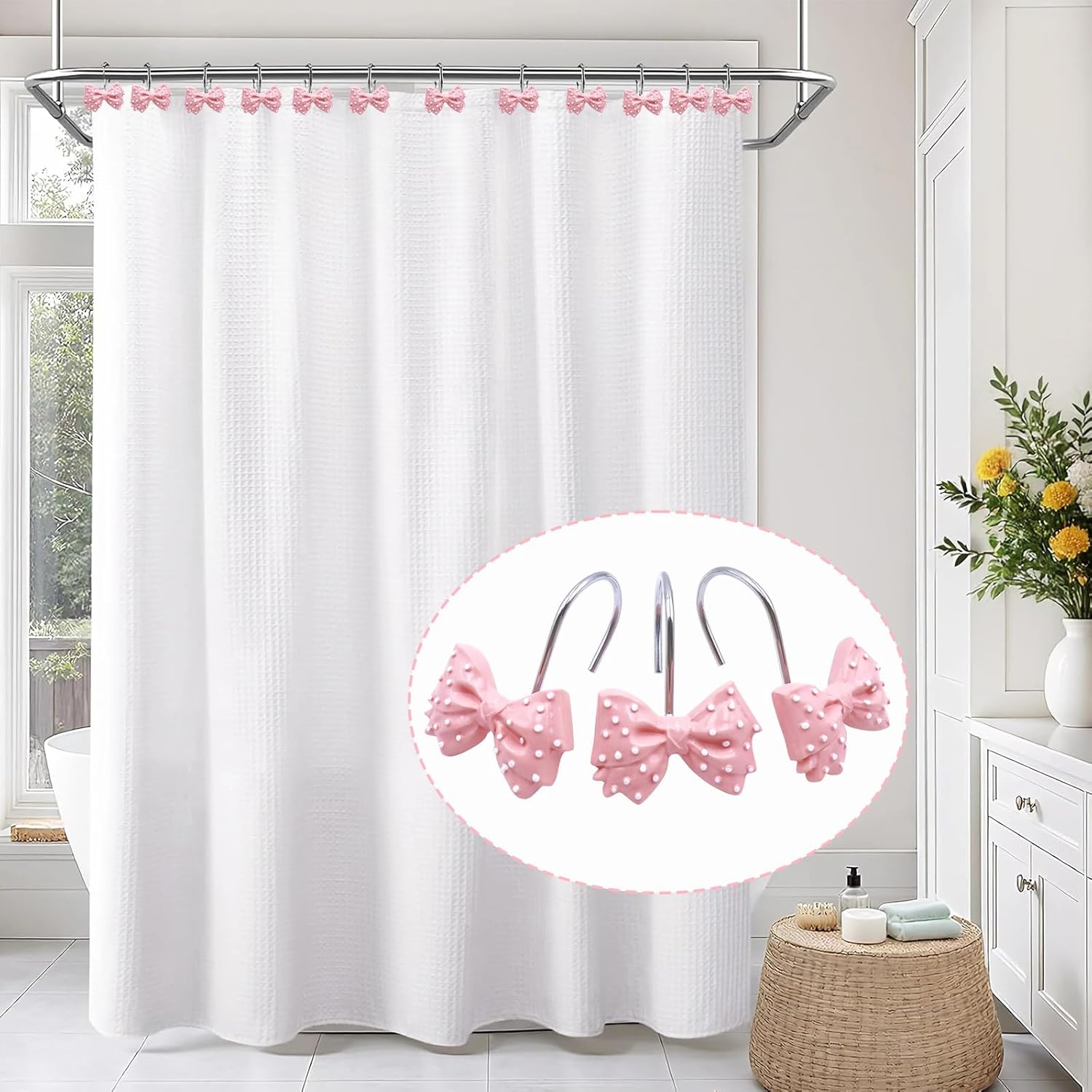 Decorative Bow Shower Curtain Hooks 12 Pcs Pink Polka Dots