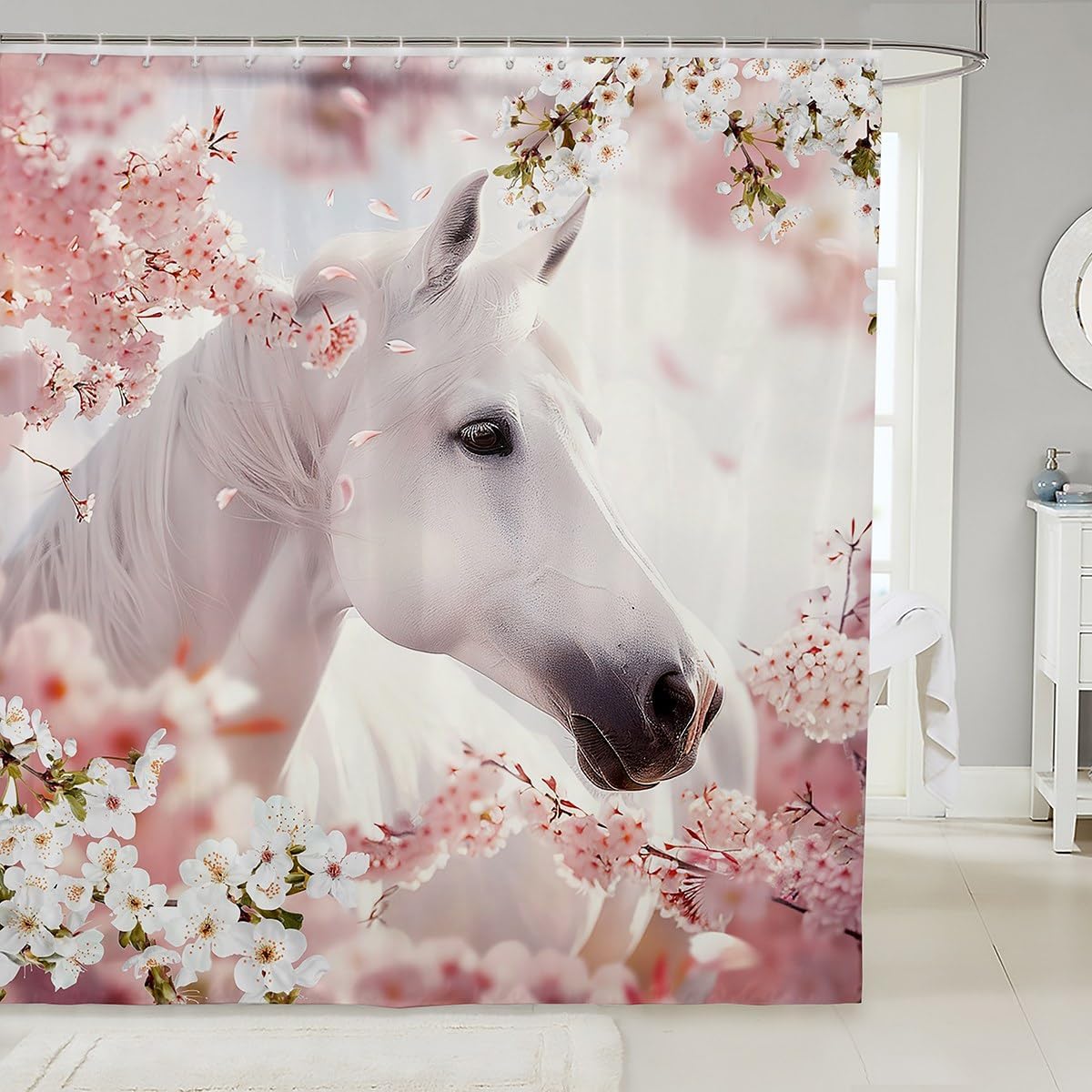 Feelyou Kids Horse Shower Curtain Set Pink White 72x72