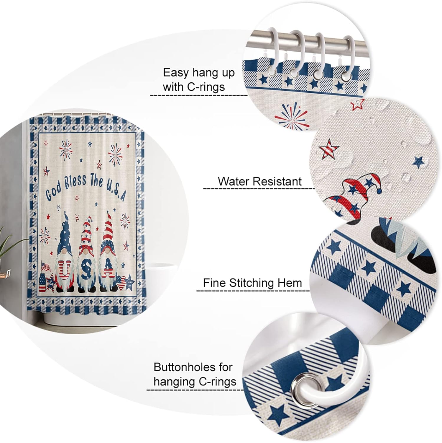 TocaHome 4th of July Gnome Shower Curtain 36x78 Inch
