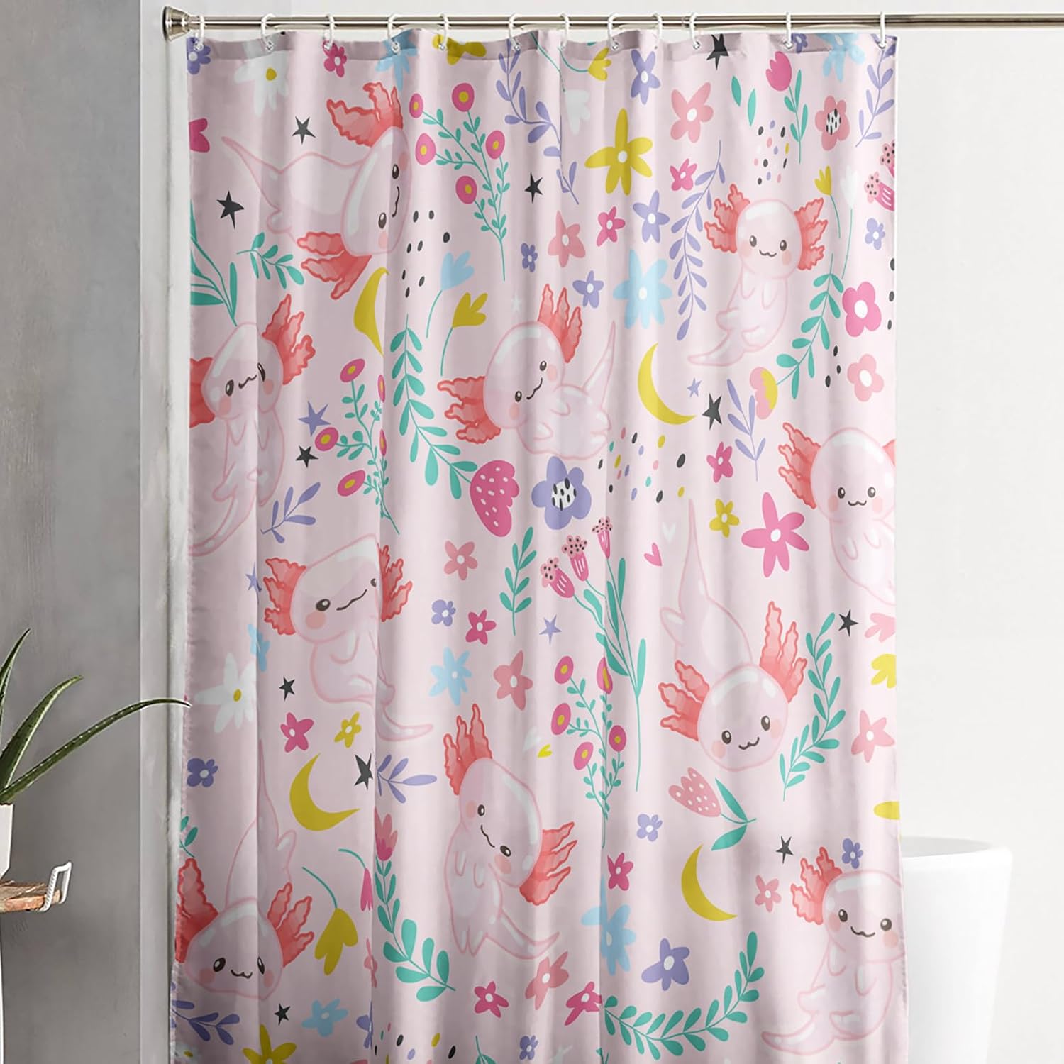 Qoomo Cartoon Axolotl Pink Bath Shower Curtain 72x72 inches