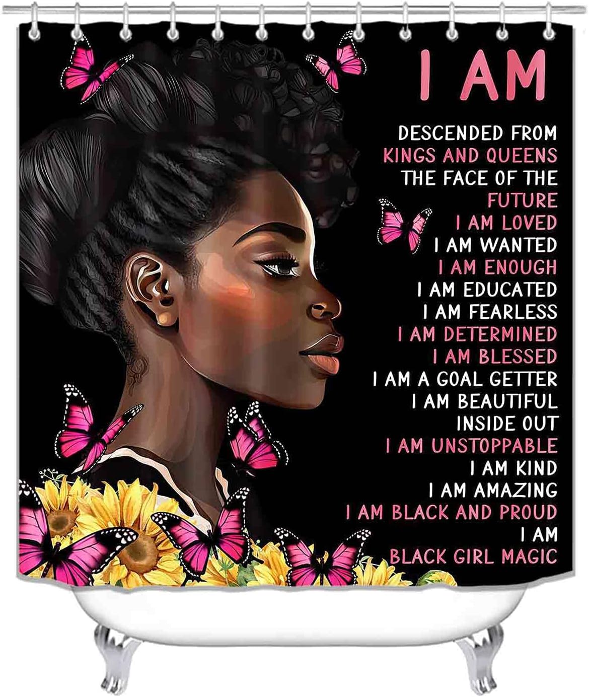 4PCS Black Girl Shower Curtain Set with Rugs Quotes