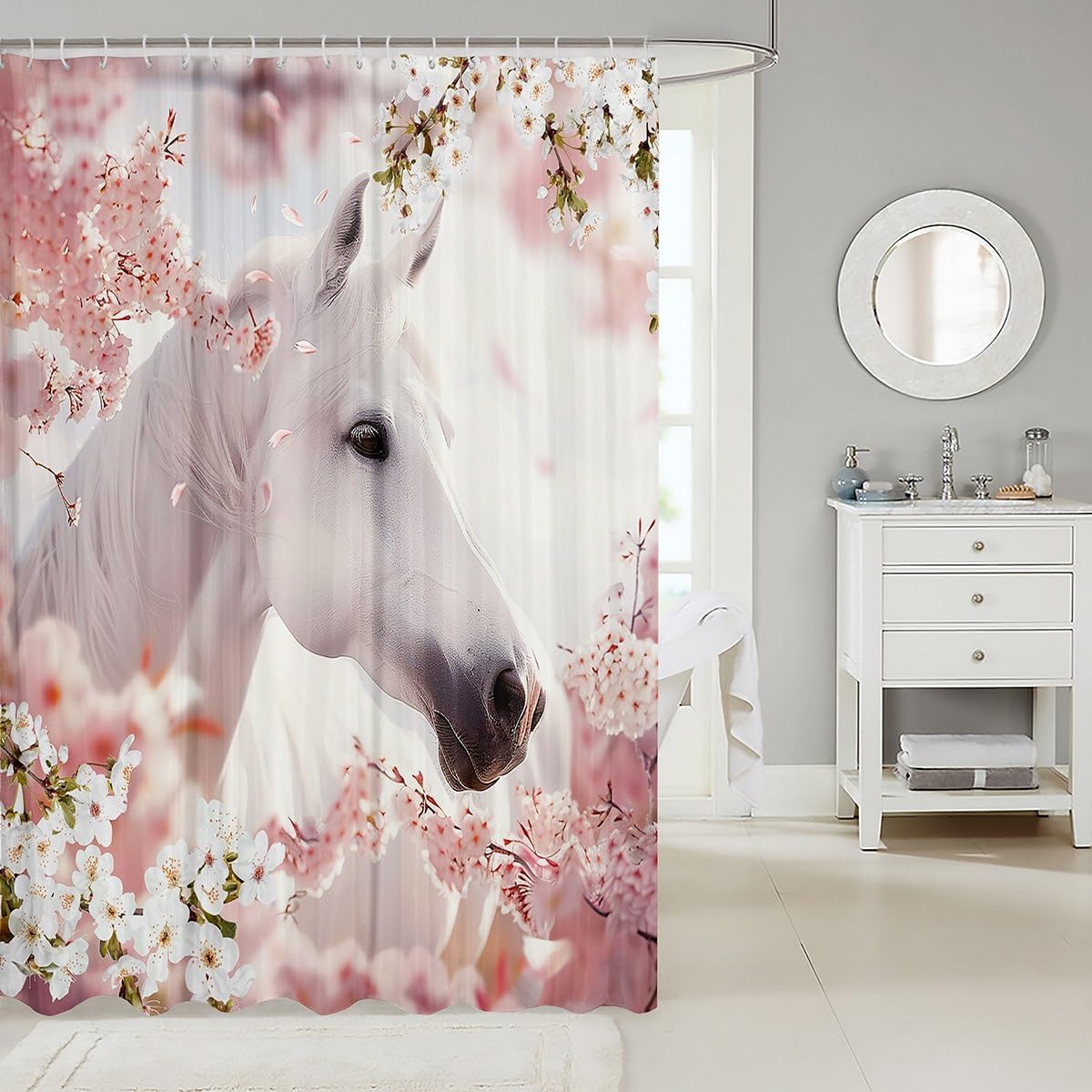 Feelyou Kids Horse Shower Curtain Set Pink White 72x72