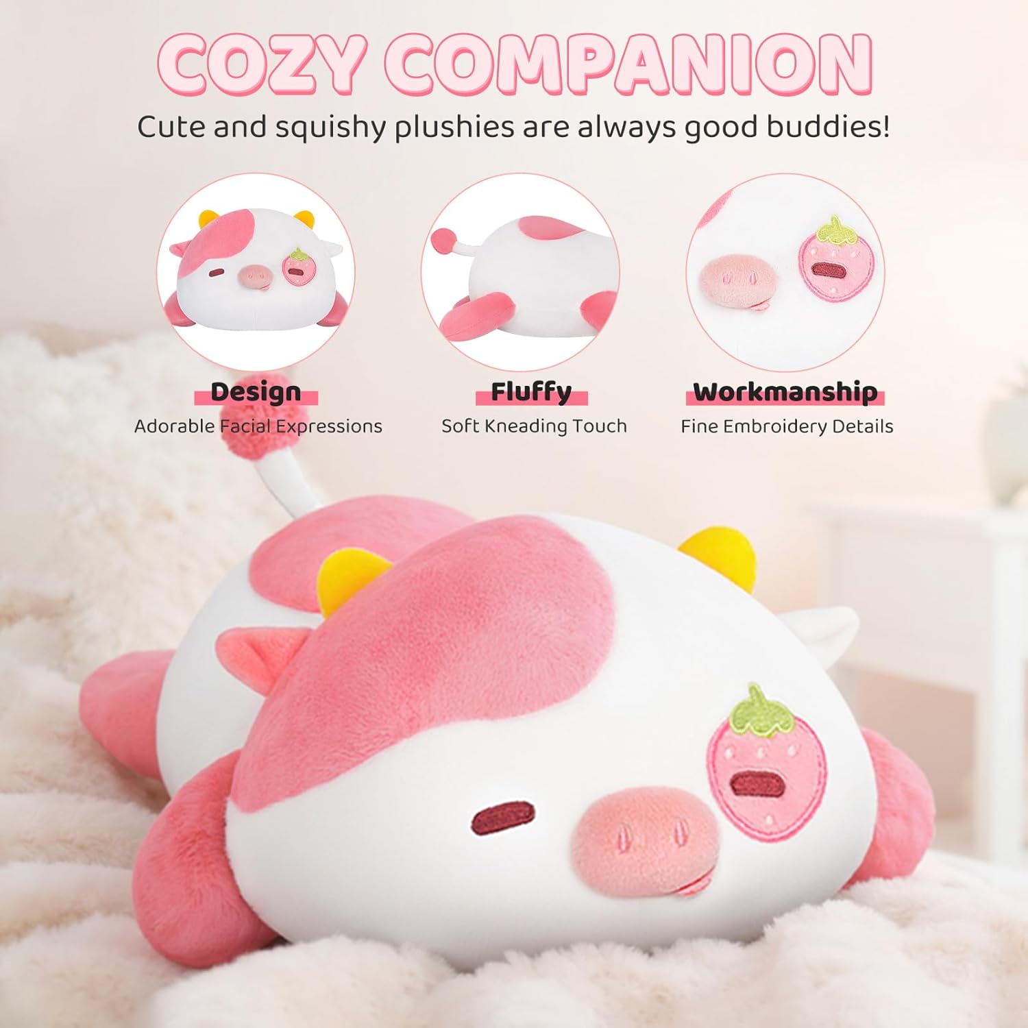 Mewaii Cute Cow Plush Pillow Kawaii Strawberry Cuddle Comfy for Kids Girls