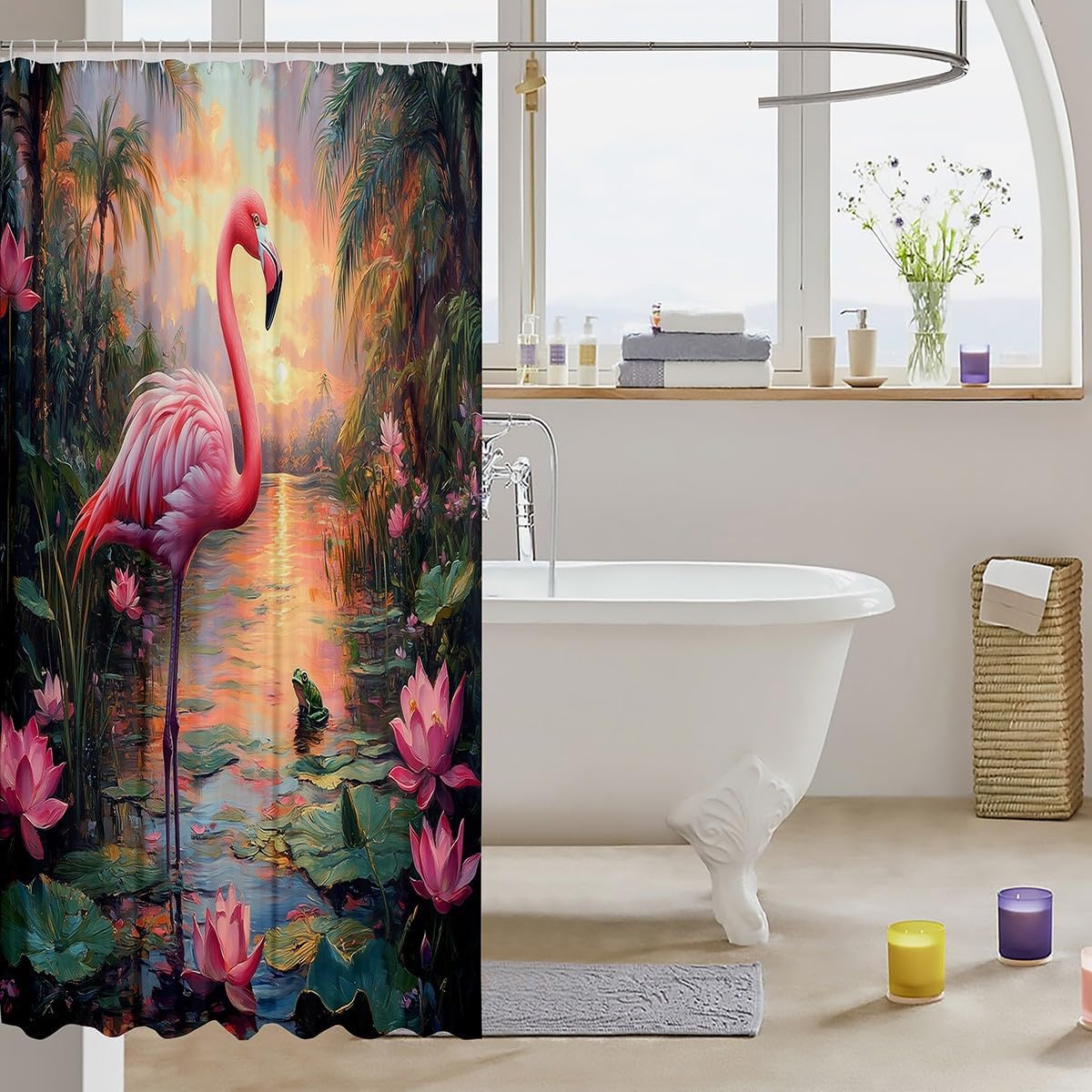 Pink Flamingo Shower Curtain Set with 12 Hooks