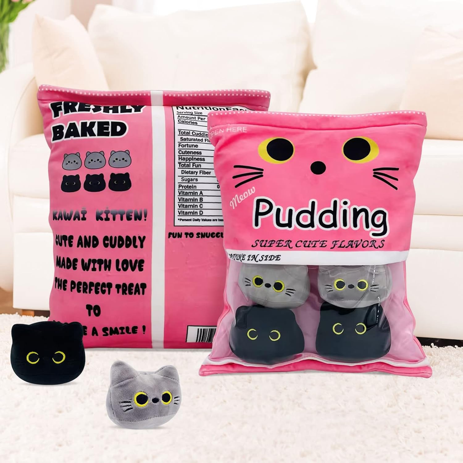 Cute Black Cat Plush Toy Bag 6pc Pink