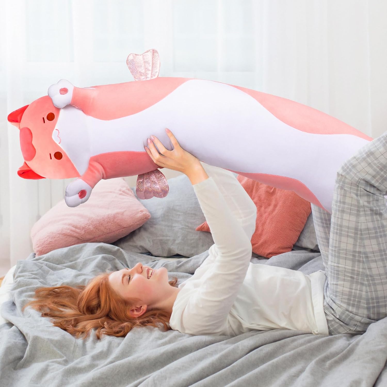 Long Cat Plush Body Pillow - Cute Pink Stuffed Animal