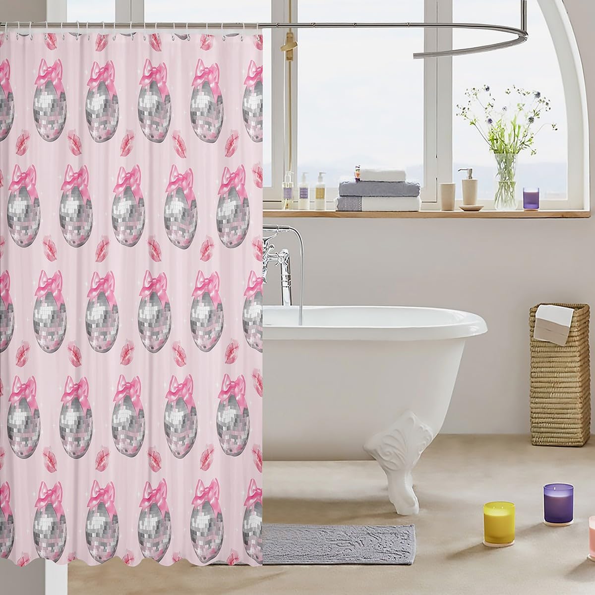 Feelyou Pink Bow Bath Curtain Set 72x72 Disco Mirror