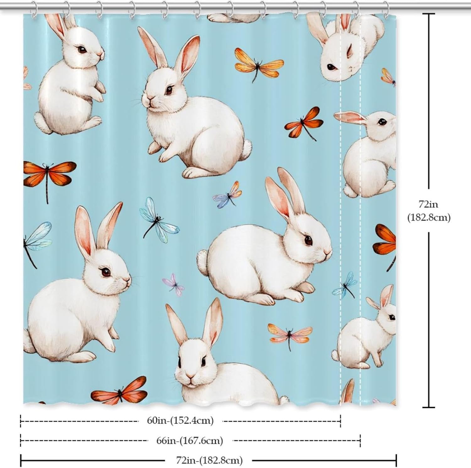 Bunnies Dragonflies Playtime - Durable Waterproof Bathroom Curtain