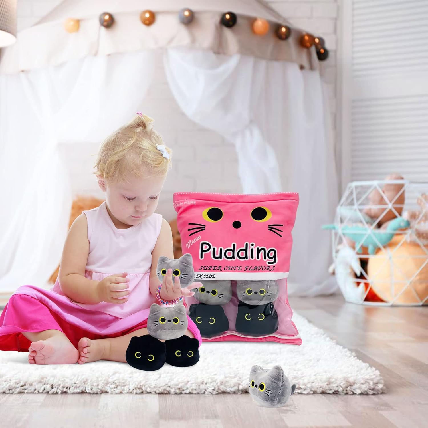 Cute Black Cat Plush Toy Bag 6pc Pink