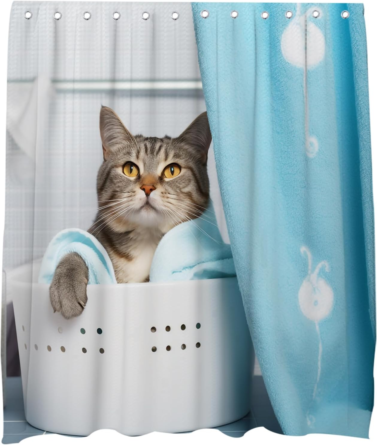 Cute Cat Bathing Shower Curtain Set with Hooks