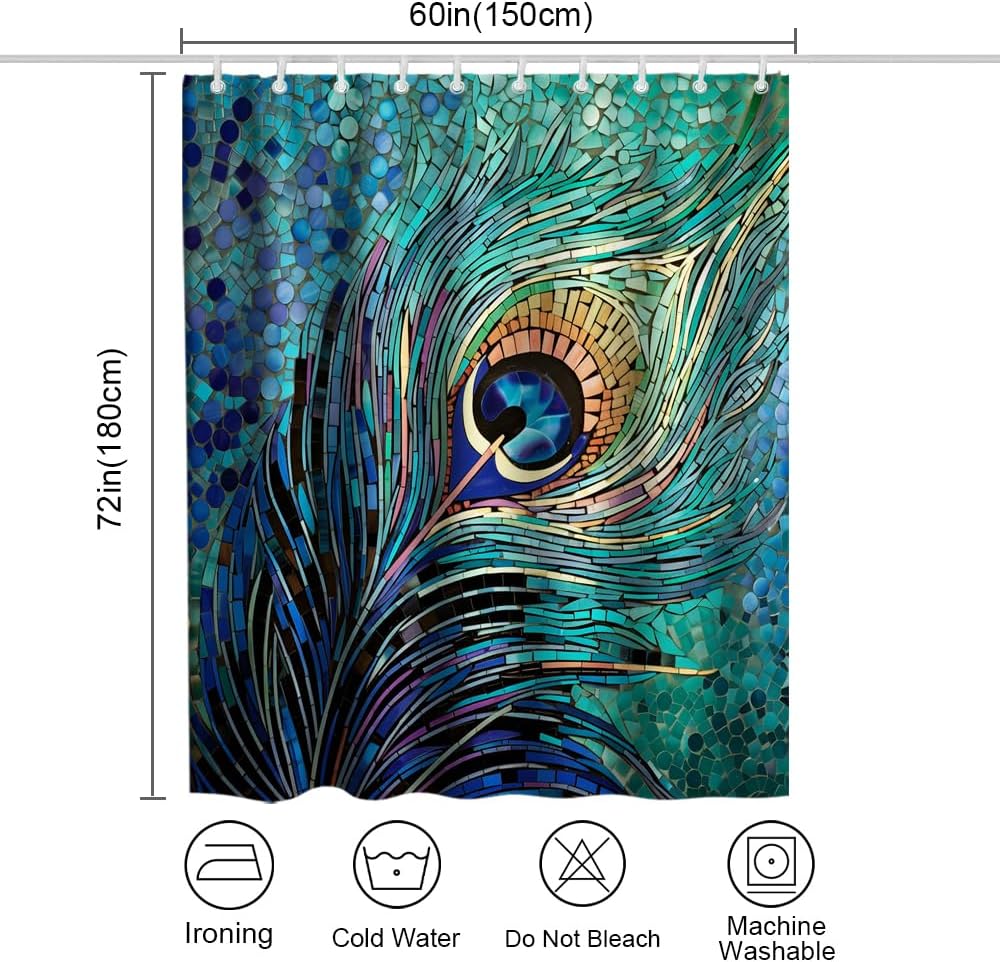 Elevate Your Bathroom Space with the OTRANTO Peacock Blue Feather Shower Curtain Set