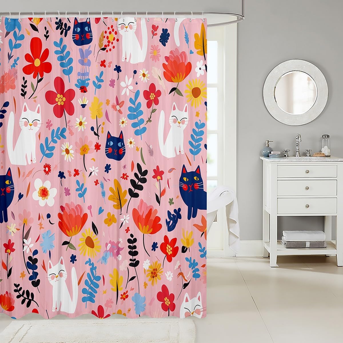 Manfei Floral Cat Shower Curtain 72x78 Blue White discharged
