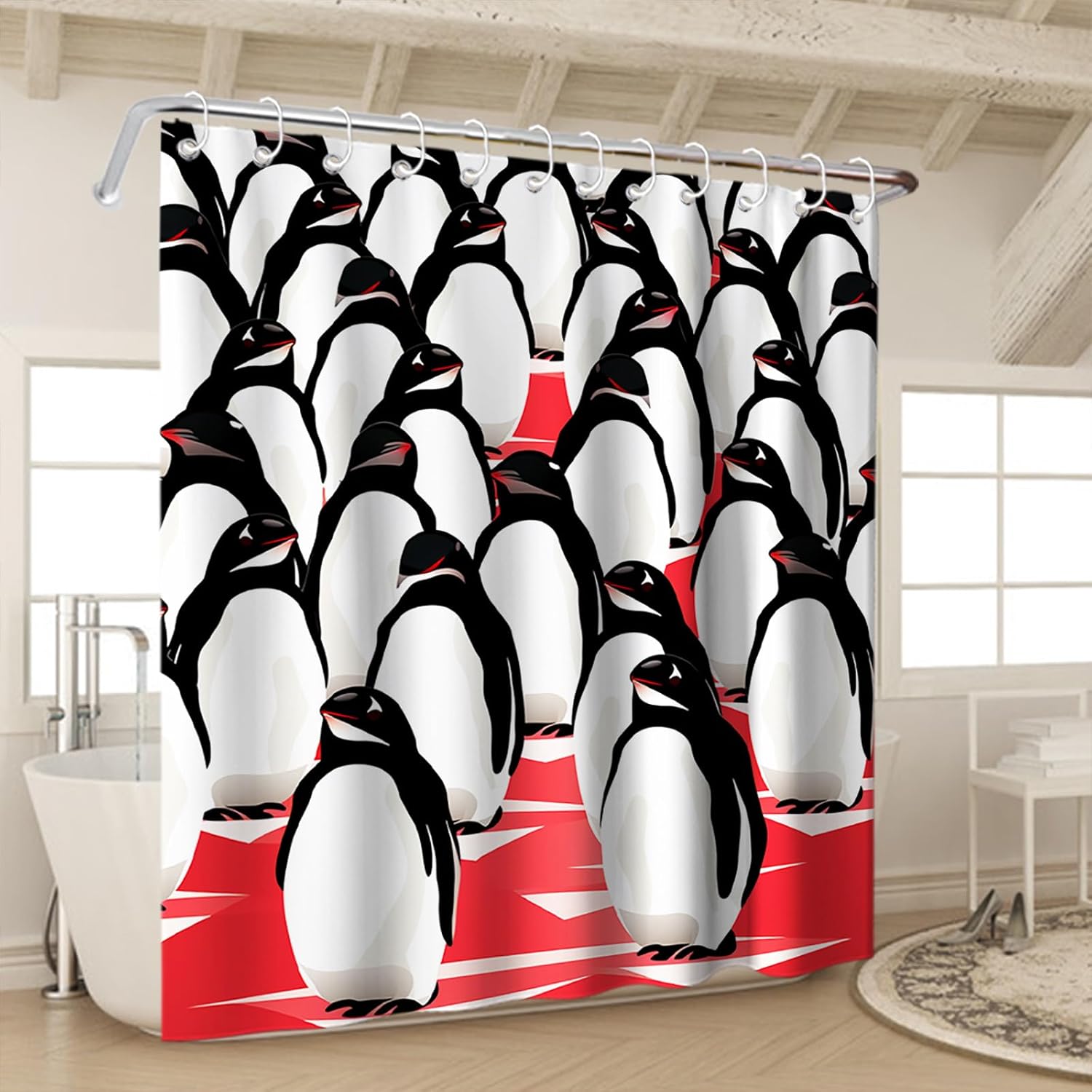 OTRANTO Black and White Penguin Shower Curtain Set