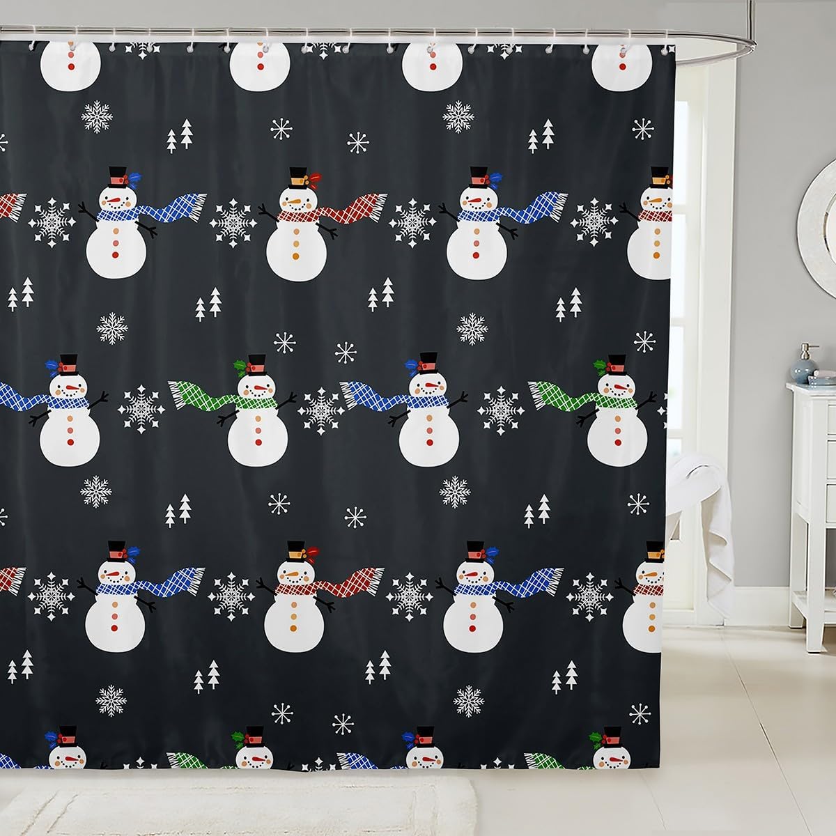 Feelyou Christmas Bath Curtain 72x72 Snowman Snowflake Shower Curtain Set Dark Grey