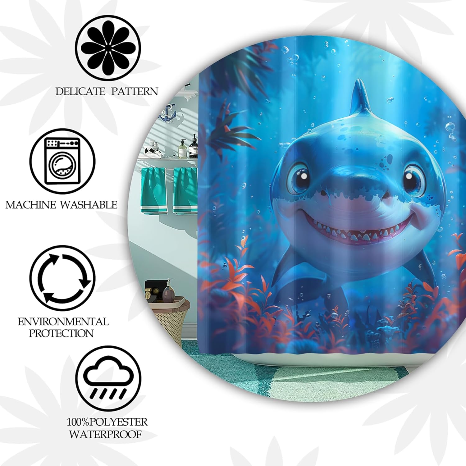 4 Piece Shark Shower Curtain Set for Kids