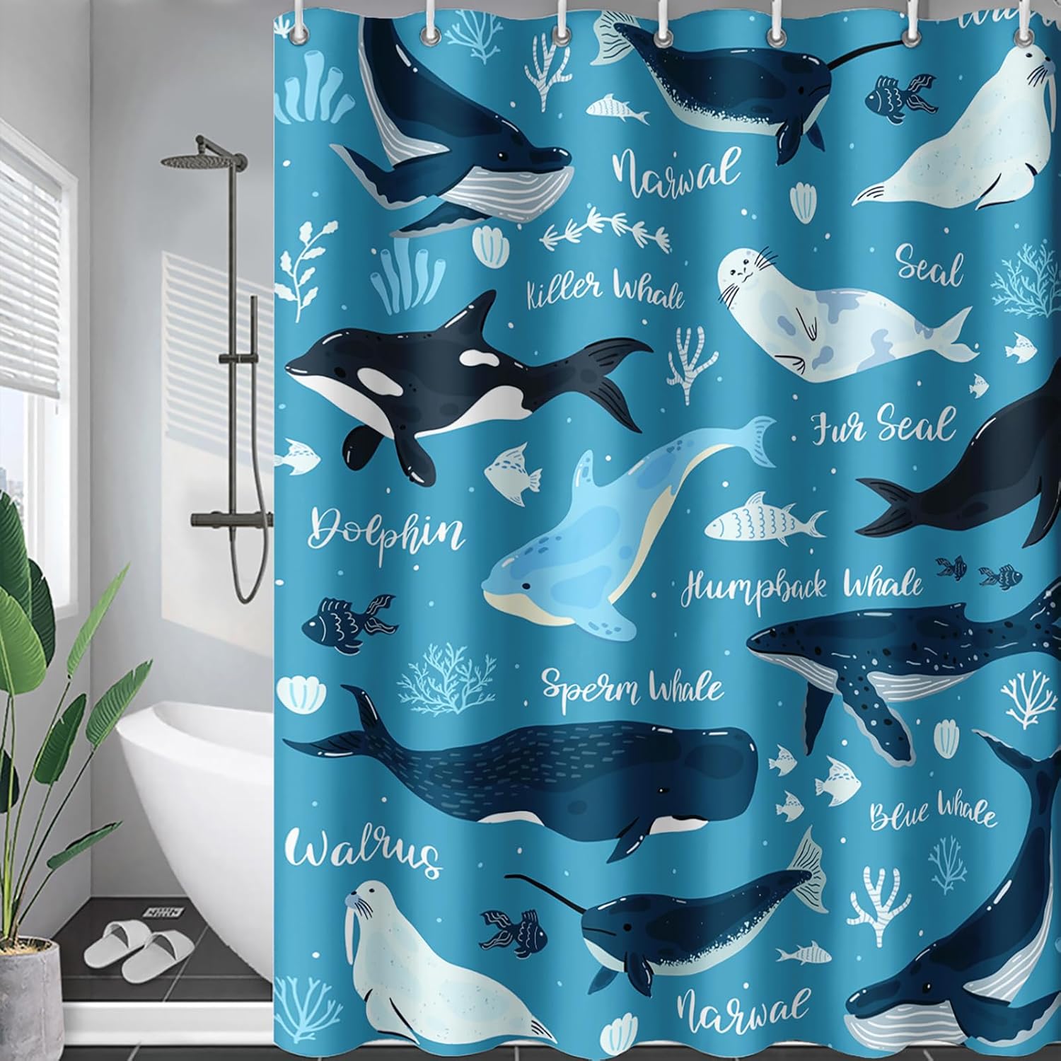 QOOMO Whales Seals Shower Curtain 72x72