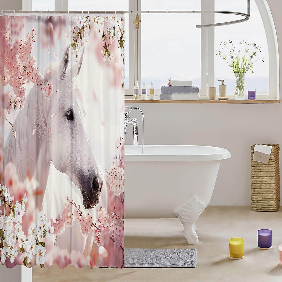 Feelyou Kids Horse Shower Curtain Set Pink White 72x72