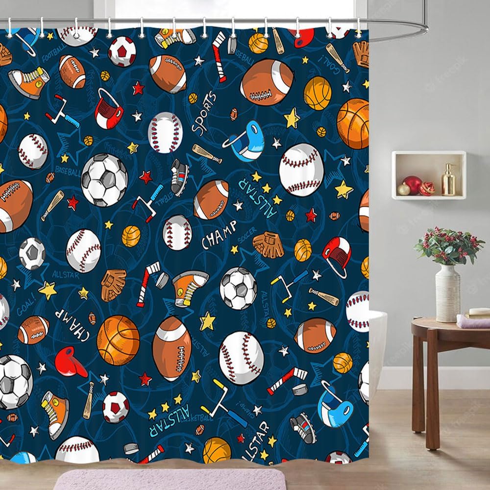 JAWO Sports Shower Curtain - Blue for Kids and Teens