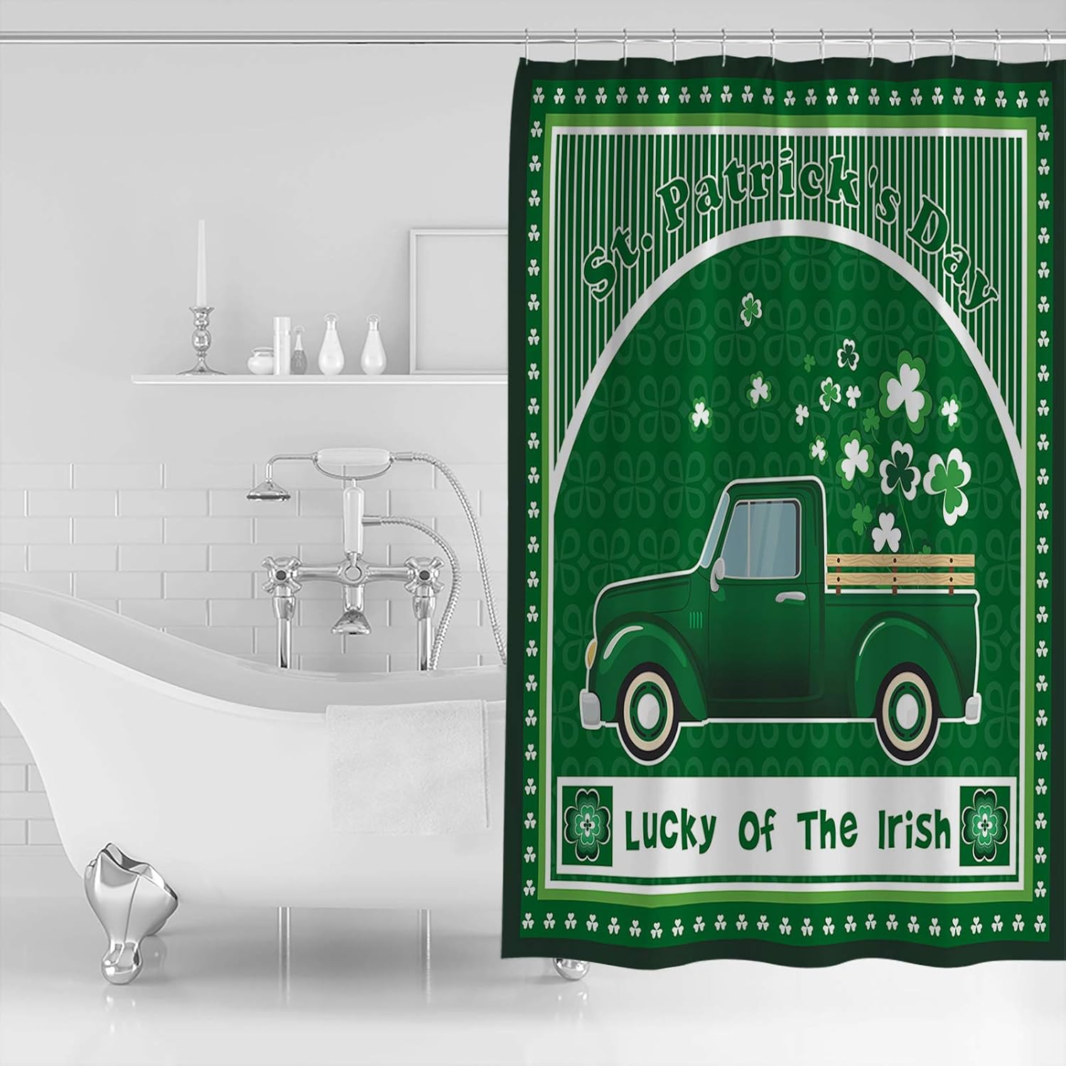 Waterproof Shower Curtain with Hooks St Patrick Day Shamrock Truck
