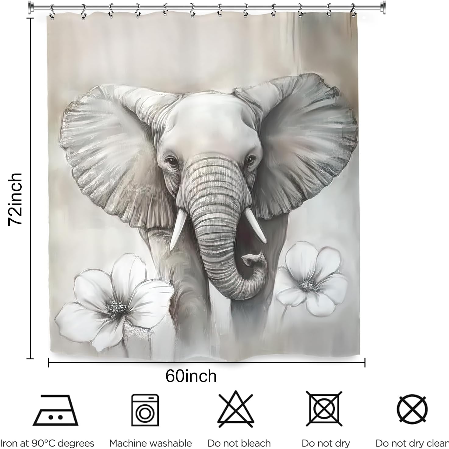 Cute Elephant Shower Curtain with 12 Hooks