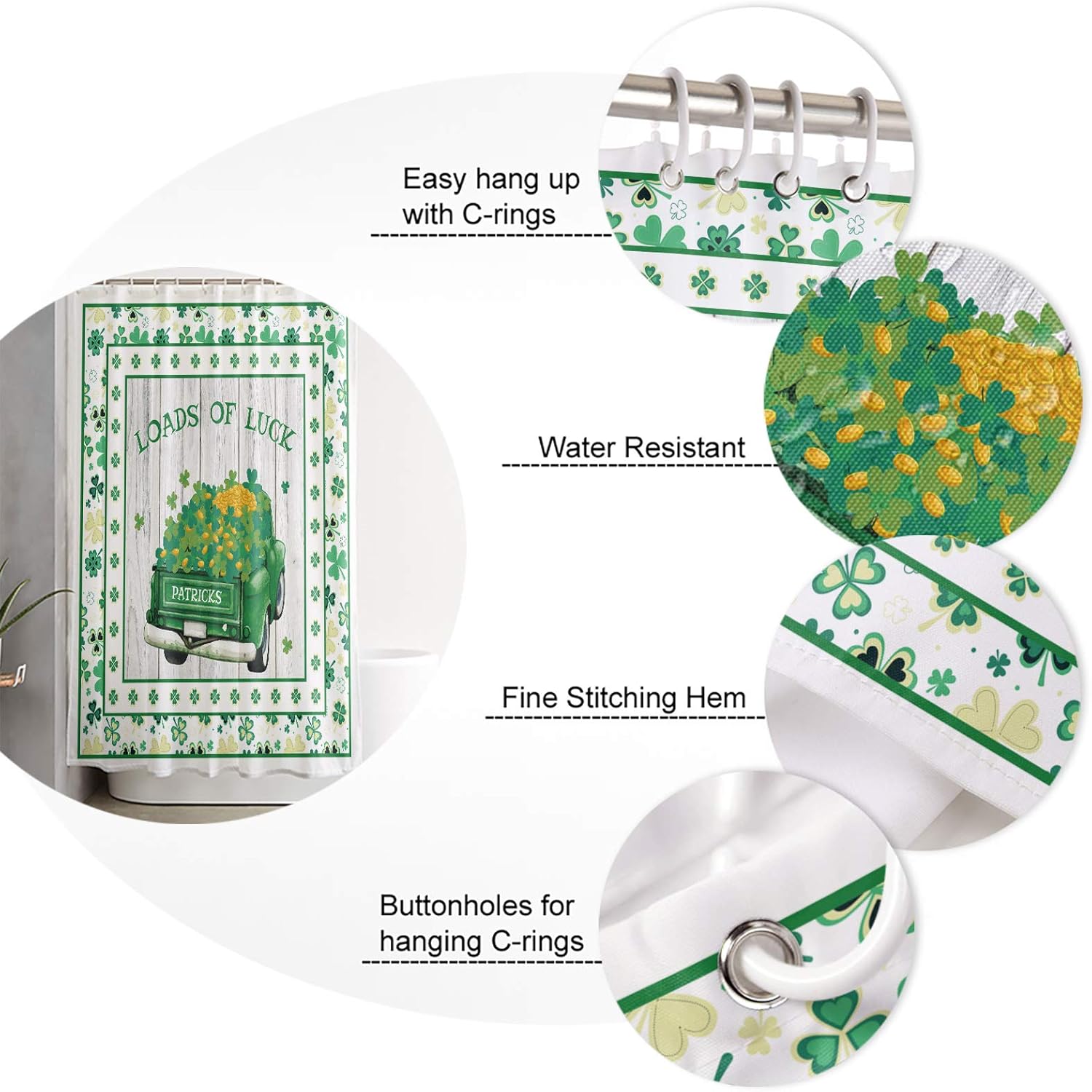 TocaHome Wooden Grain St Patricks shamrock waterproof shower curtain set