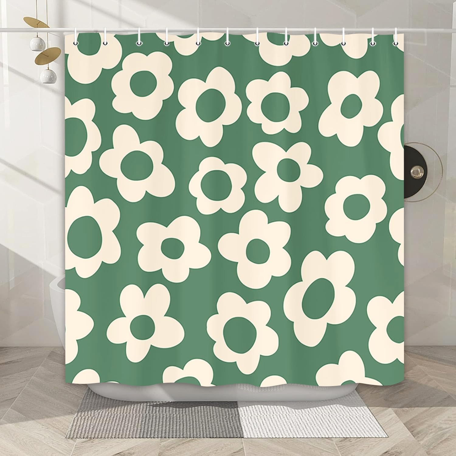 Stunning Sage Green Daisy Shower Curtain Boho Retro Sage Green Design