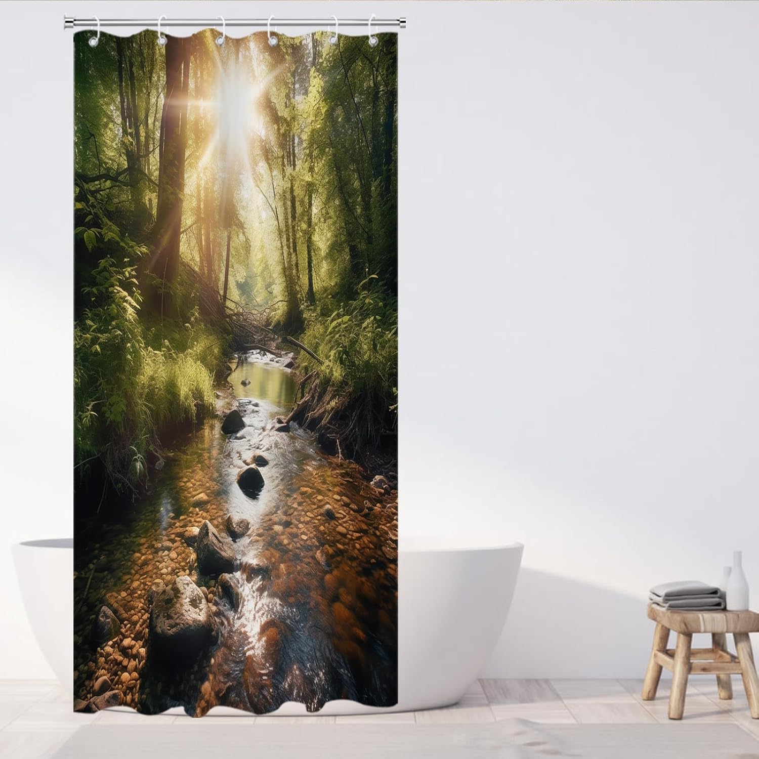 Sage Green Forest Shower Curtain Set with Hooks 36x72 Waterproof