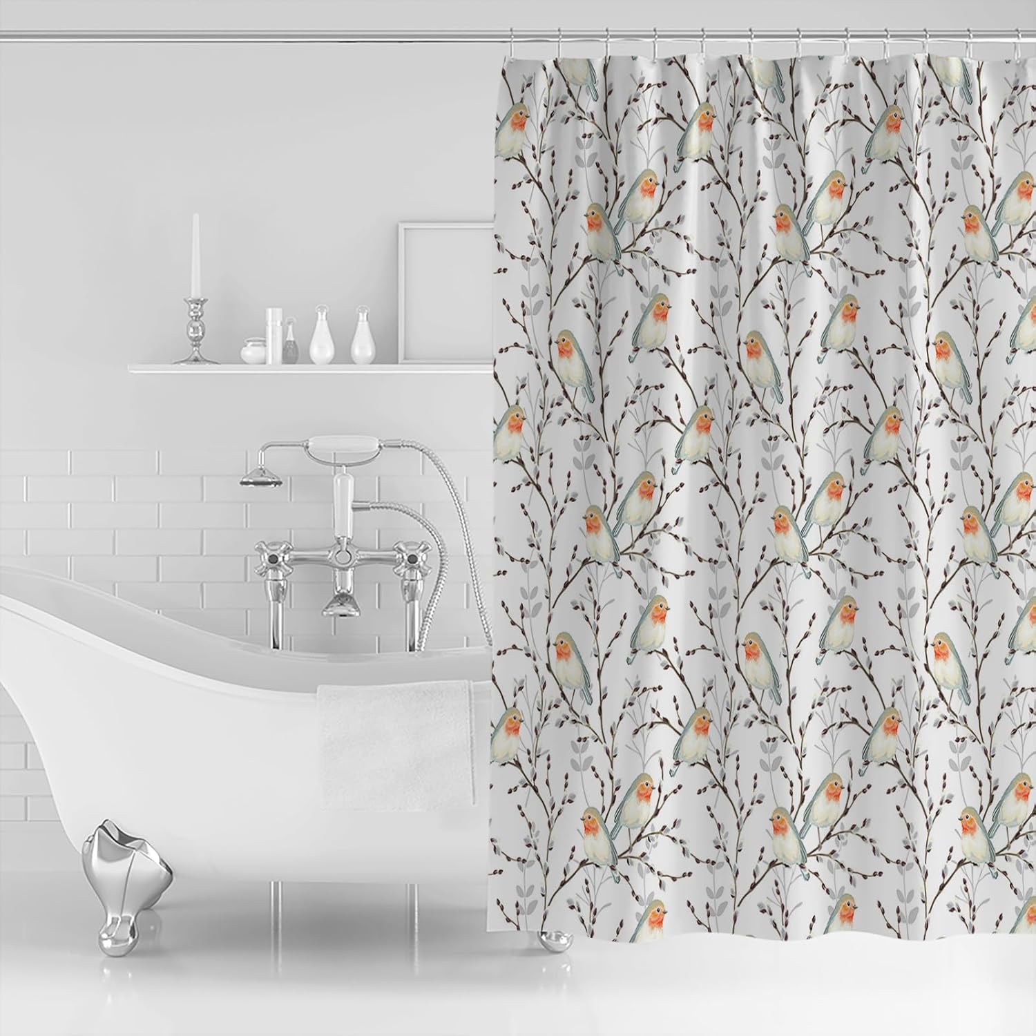 Waterproof shower curtain set for the bathroom with birds and branch design