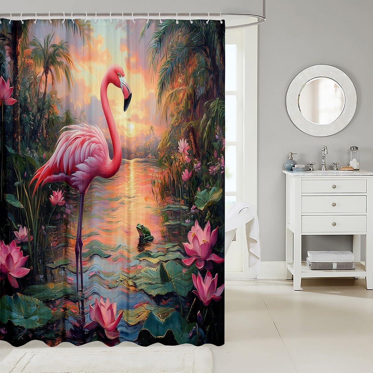 Pink Flamingo Shower Curtain Set with 12 Hooks