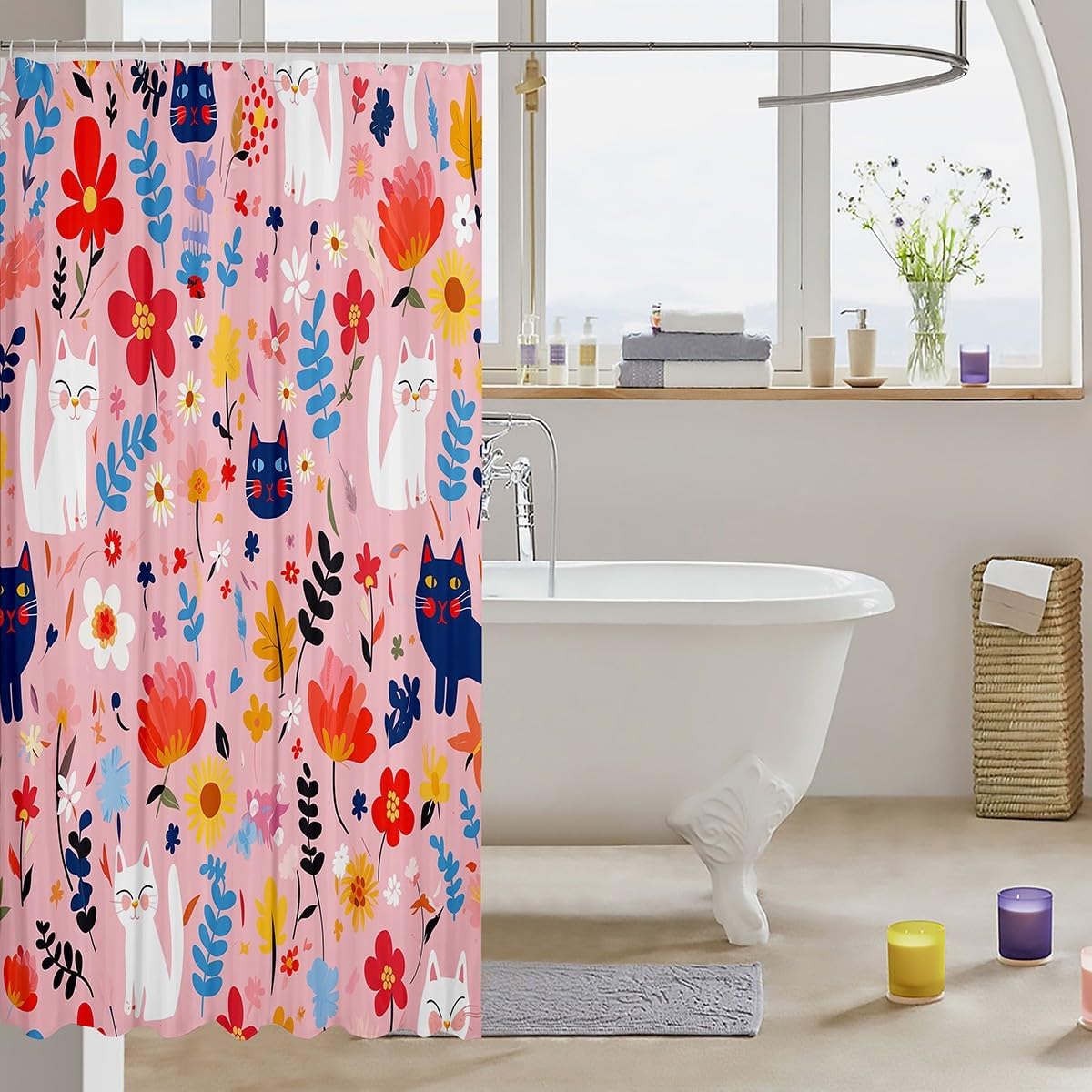 Manfei Floral Cat Shower Curtain 72x78 Blue White discharged